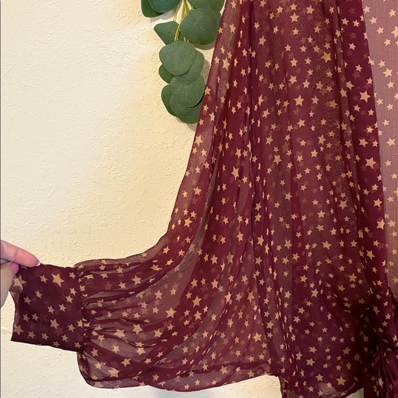 Free People Burgundy Sheer Star-Print Tie-Front Kimono Top✨ - Picture 5 of 10